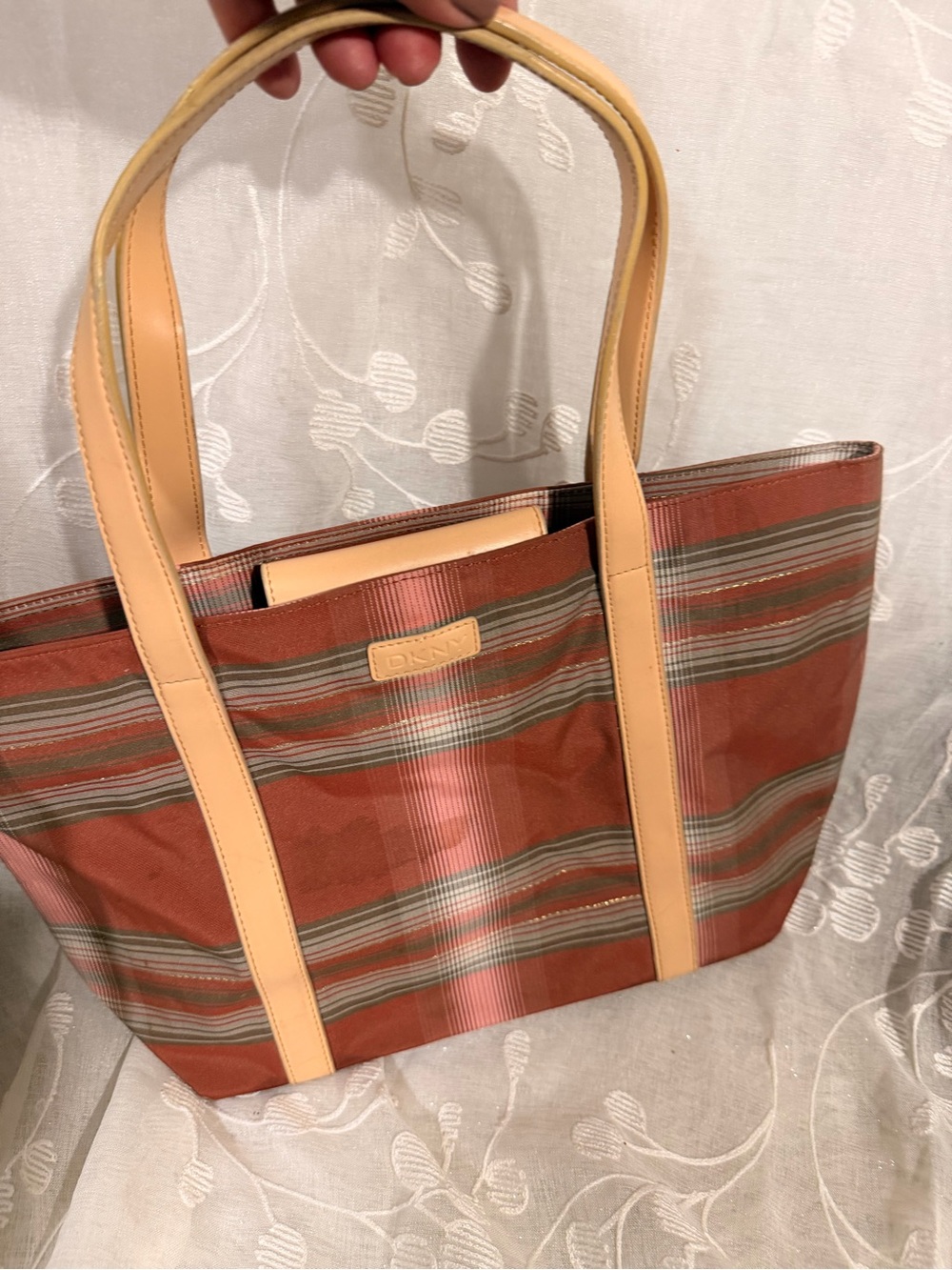 DKNY Rust Striped Tote with Tan Trim